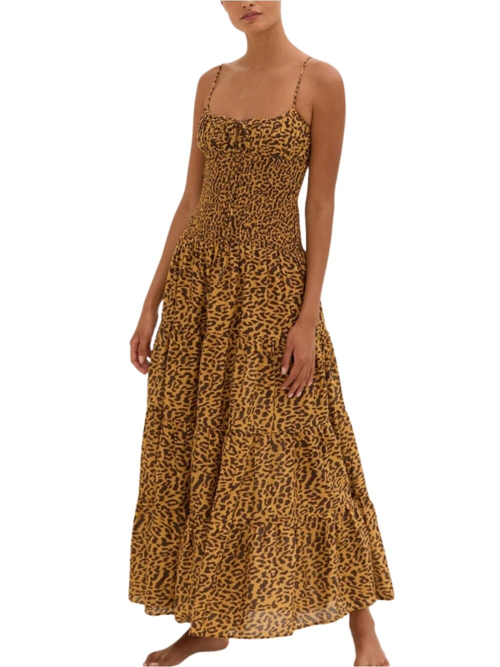Anthropologie Leopard Smocked Josephine Drop Waist Dress Small Petite SP